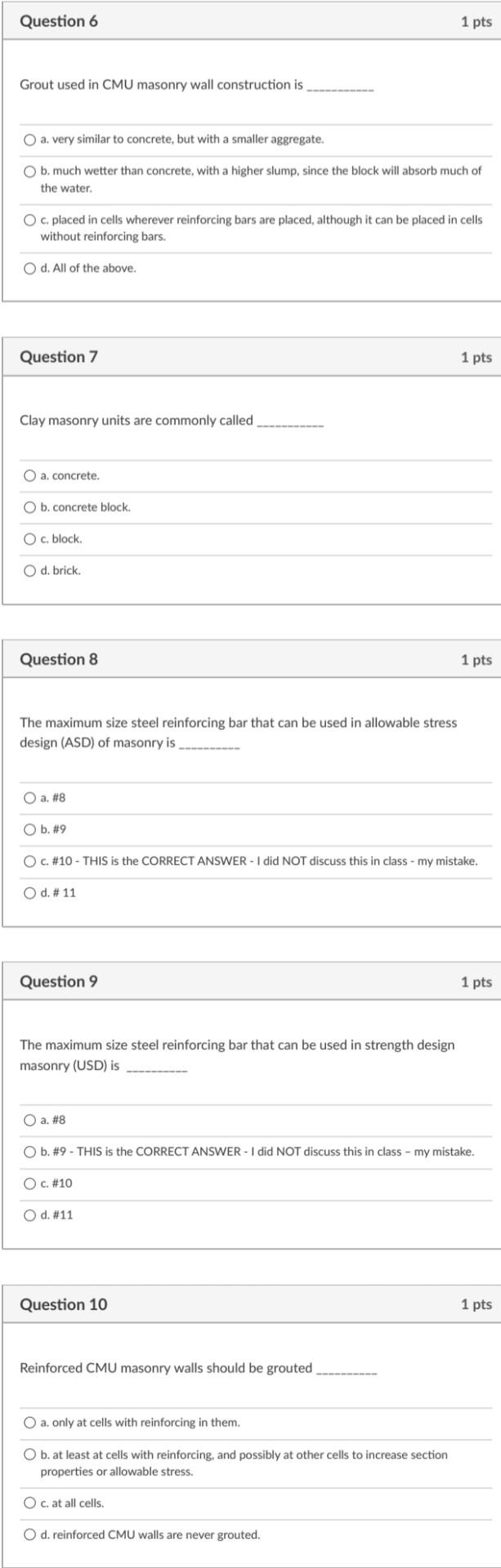 Solved Question 6 1 pts Grout used in CMU masonry wall