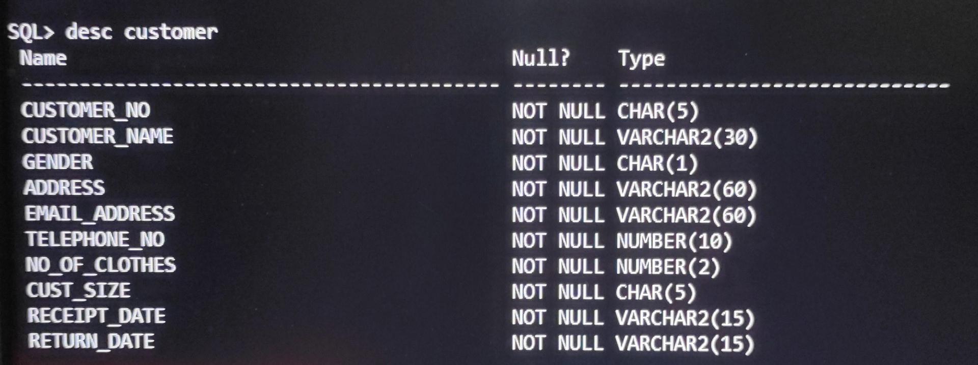Solved SQL> CREATE TABLE Customer 2 ( Customer_NoChar(5) NOT | Chegg.com