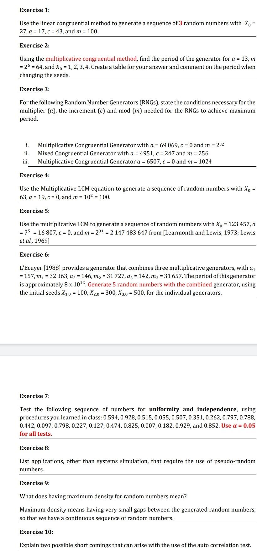 Solved Exercise 1: Use the linear congruential method to | Chegg.com