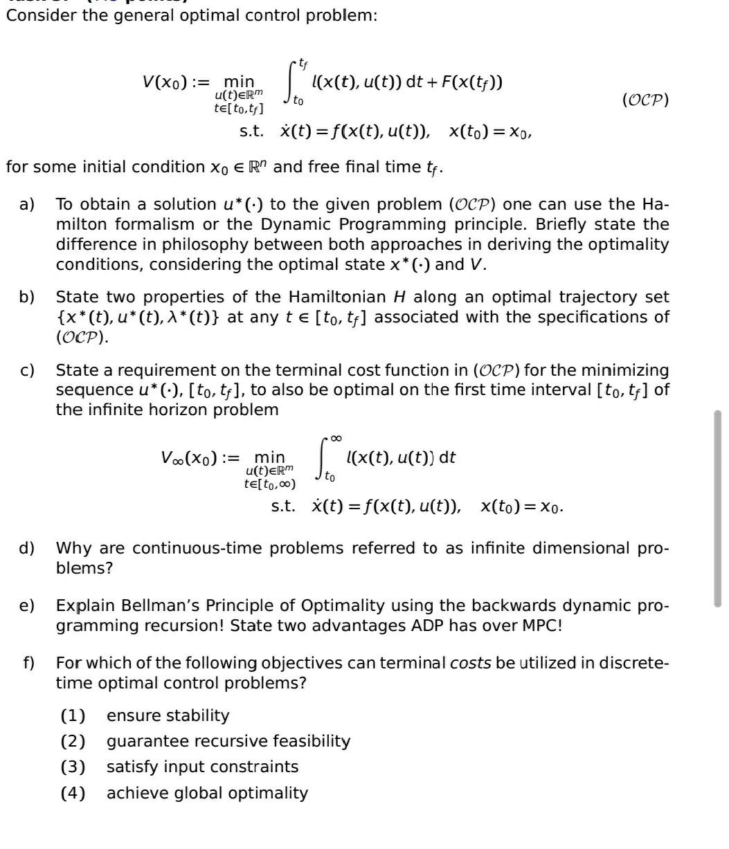 Solved Consider the general optimal control problem: V(xo) : | Chegg.com