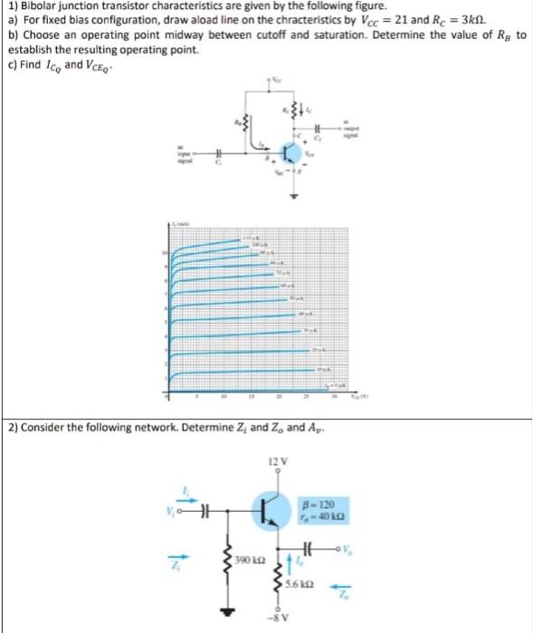 1) Bibolar junction transistor characteristics are given by the following figure.
a) For fixed bias configuration, draw aload