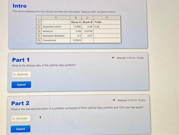Solved The return statistics for two stocks and the | Chegg.com