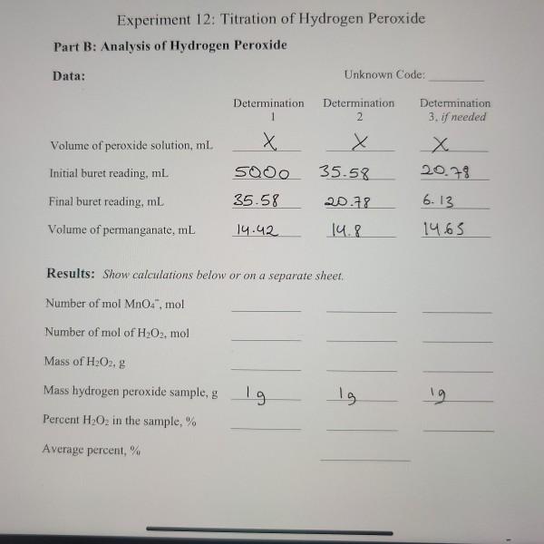 Solved Experiment 12 Titration of Hydrogen Peroxide Part B