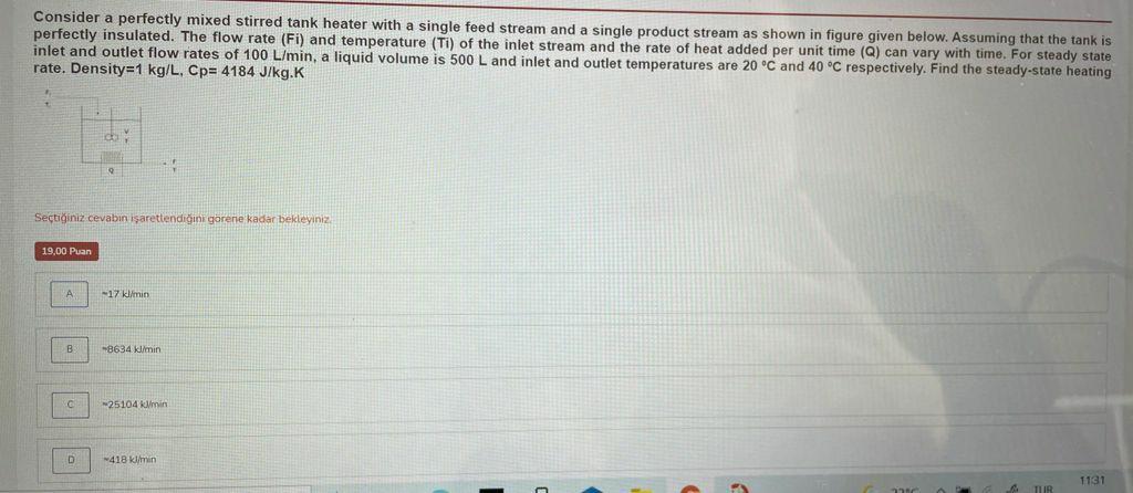 Solved Consider a perfectly mixed stirred tank heater with a | Chegg.com