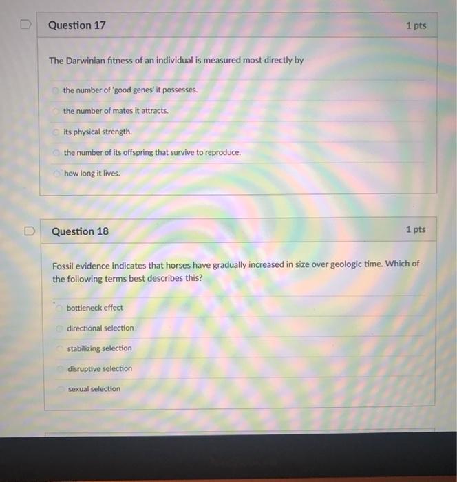 Solved U Question 17 1 pts The Darwinian fitness of an