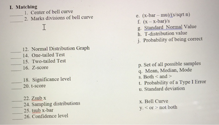 Solved I Matching 1 Center Of Bell Curve 2 Marks Chegg Com