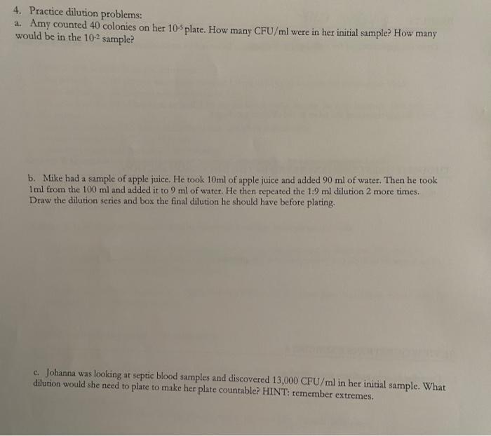 Solved 4. Practice dilution problems a. Amy counted 40