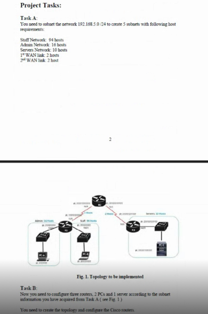 Solved Project Tasks:Task A:You need to subnet the network | Chegg.com