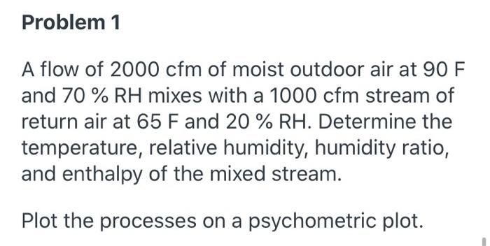 Solved Problem 1 A flow of 2000 cfm of moist outdoor air at | Chegg.com