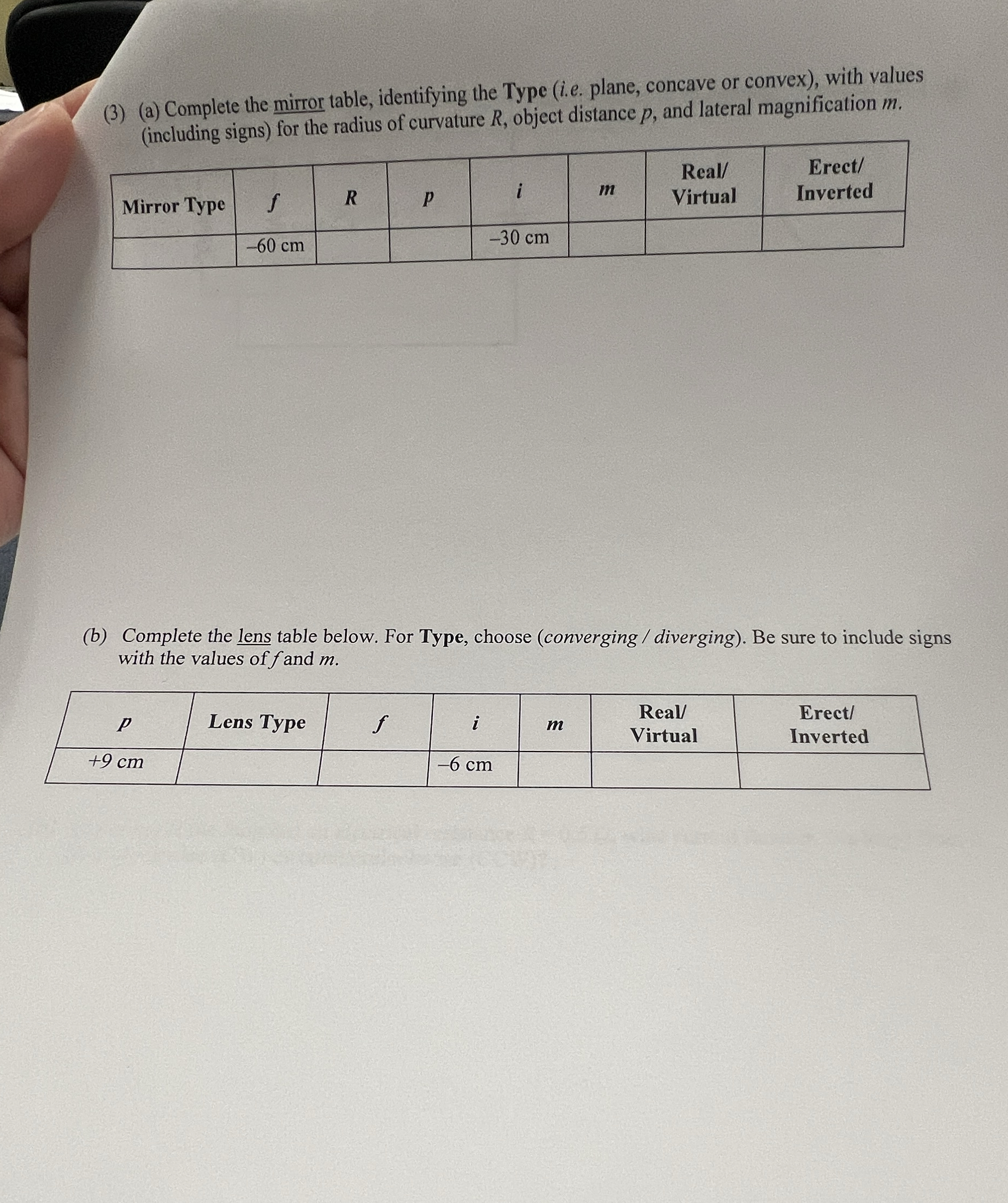 Solved (3) (a) ﻿complete The Mirror Table, Identifying The 