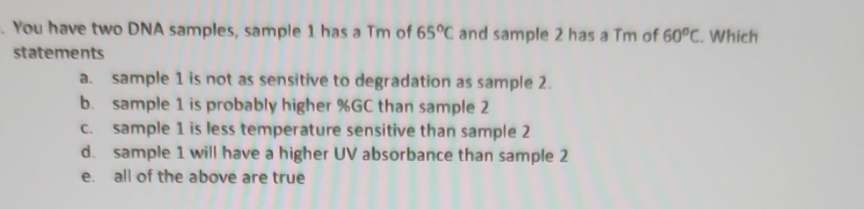 Solved You have two DNA samples, sample 1 has a Tm of 65∘C | Chegg.com