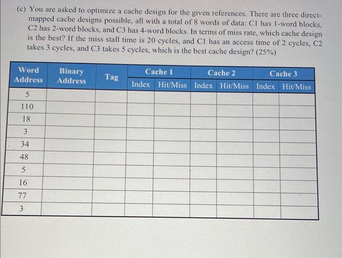 Solved a (c) You are asked to optimize a cache design for | Chegg.com