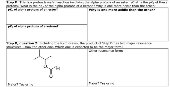 Step D: This is a proton transfer reaction involving the alpha protons of an ester. What is the pKa of these protons? What is
