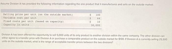 Solved Assume Division A has provided the following | Chegg.com