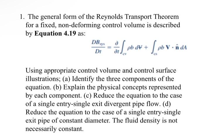 Solved The General Form Of The Reynolds Transport Theorem | Chegg.com