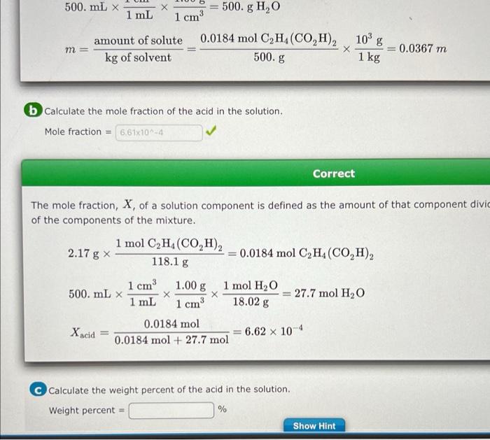 Solved 500. mL 1 mL1 mL 1 cmo1 cm3 500.gH2Om kg of solvent Chegg