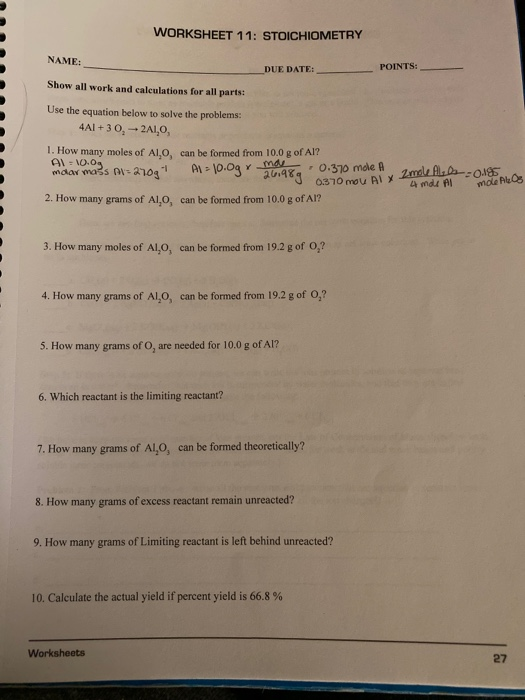 Solved Worksheet 11 Stoichiometry Name Due Date Points Chegg Com
