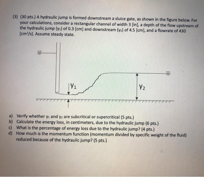 Solved (3) (30 pts.) A hydraulic jump is formed downstream a | Chegg.com