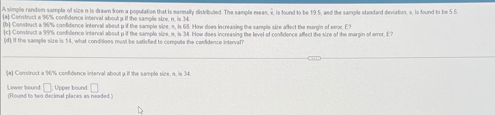 Solved A simple random sample of size n ﻿is drawn from a | Chegg.com