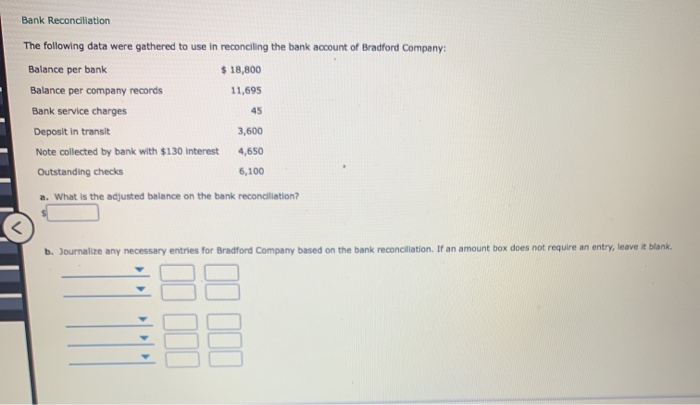 Solved Bank Reconciliation The following data were gathered | Chegg.com