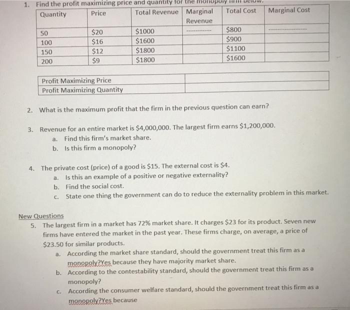 Solved 1. Find the profit maximizing price and quantity for | Chegg.com