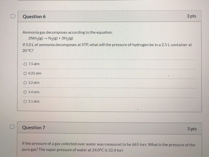 Solved Question 6 3 pts Ammonia gas decomposes according to | Chegg.com