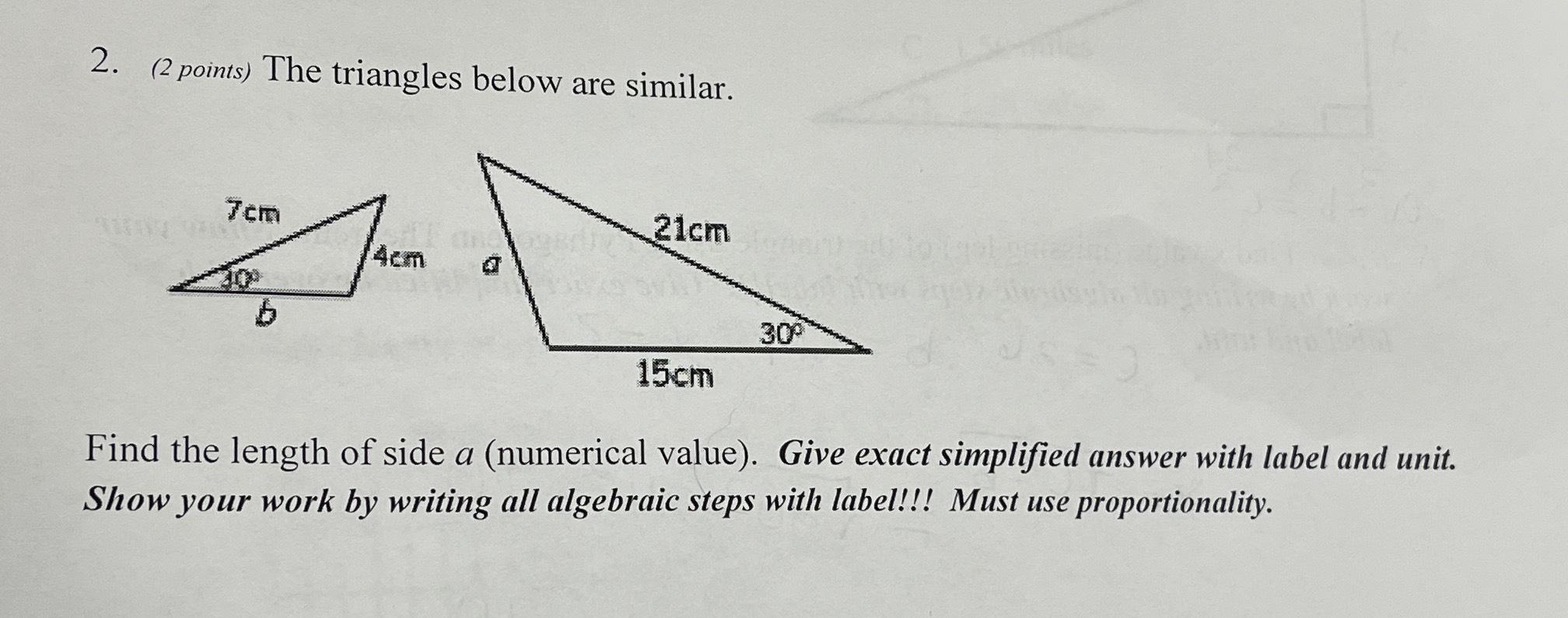 Solved (2 ﻿points) ﻿The triangles below are similar.Find the | Chegg.com