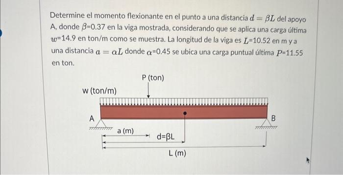 Determine el momento flexionante en el punto a una distancia \( d=\beta L \) del apoyo A, donde \( \beta=0.37 \) en la viga m