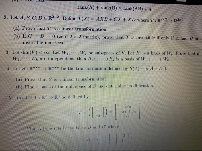 Solved Rank(A) + Rank(B) Rank(AB) + N. 2. Let A,B,C,D ER2x2. | Chegg.com