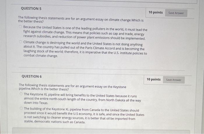 Solved QUESTION 5 10 points Save Answer The following thesis | Chegg.com