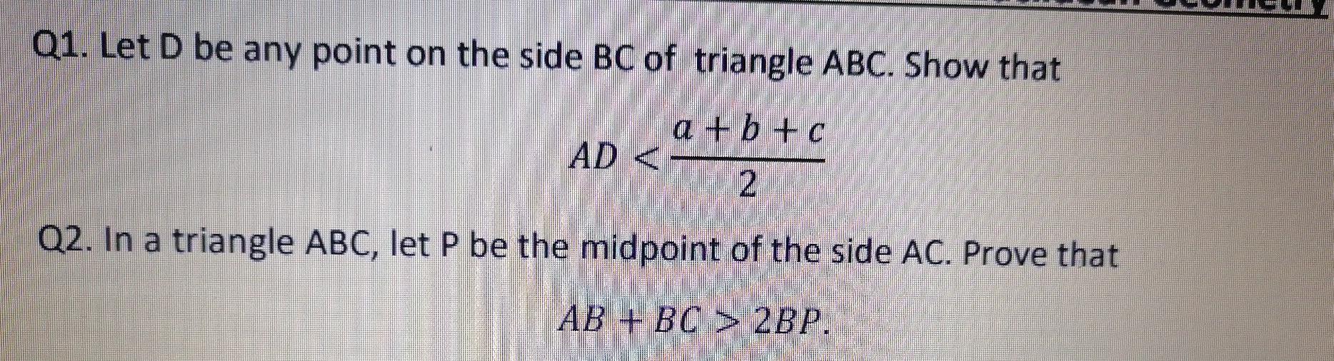 Solved Q1. Let D be any point on the side BC of triangle | Chegg.com