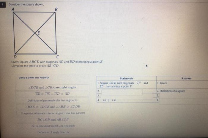 Solved 8 Consider the square shown. A B E D C С Given: | Chegg.com