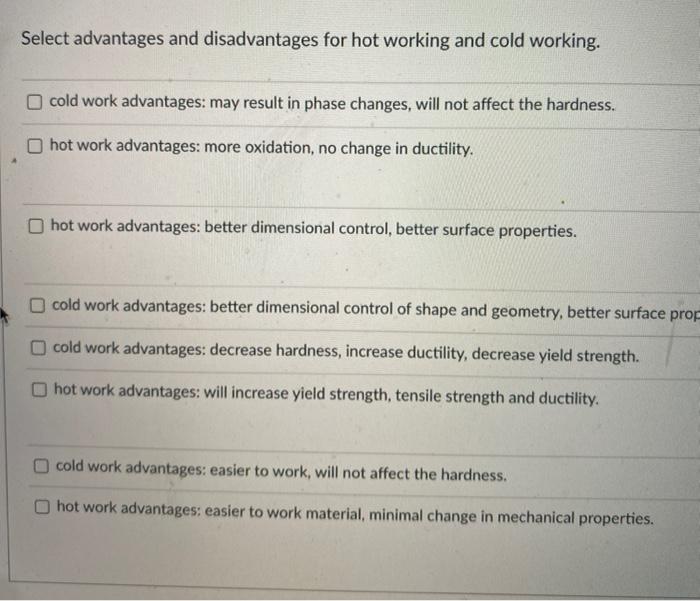 Solved Select advantages and disadvantages for hot working | Chegg.com