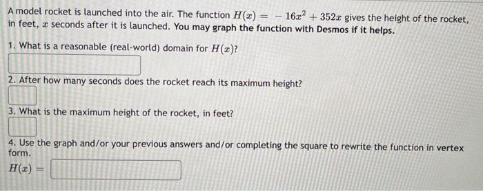 Solved A model rocket is launched into the air. The function | Chegg.com