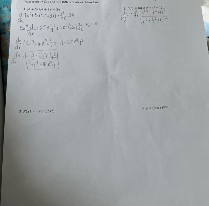 Solved Worksheet 7 ( 3.5 and 3.6) Differentiate each | Chegg.com
