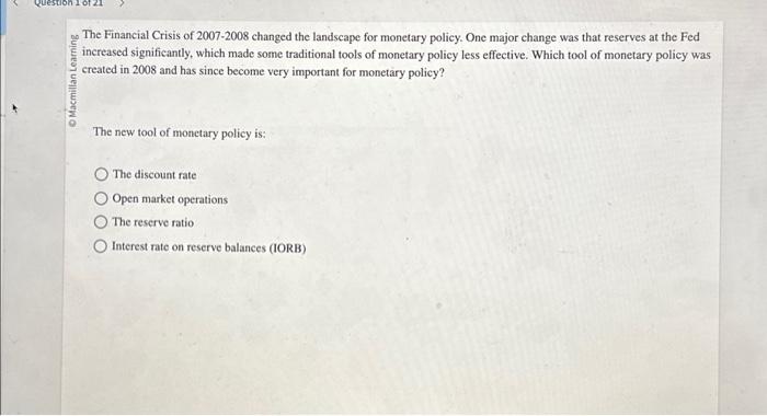 Solved The Financial Crisis of 2007-2008 changed the | Chegg.com