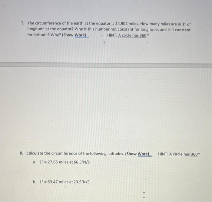 Solved 7. The circumference of the earth at the equator is | Chegg.com