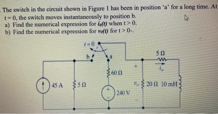 Solved The switch in the circuit shown in Figure 1 has been | Chegg.com