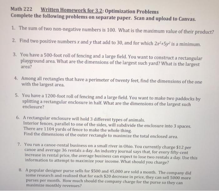 Solved Math 222 Written Homework for 3.2: Optimization | Chegg.com