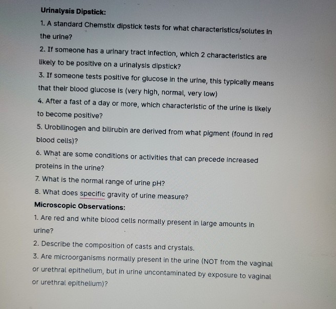 Solved Urinalysis Dipstick 1. A standard Chemstix dipstick