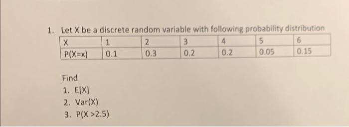 Solved 1. Let X be a discrete random variable with following | Chegg.com