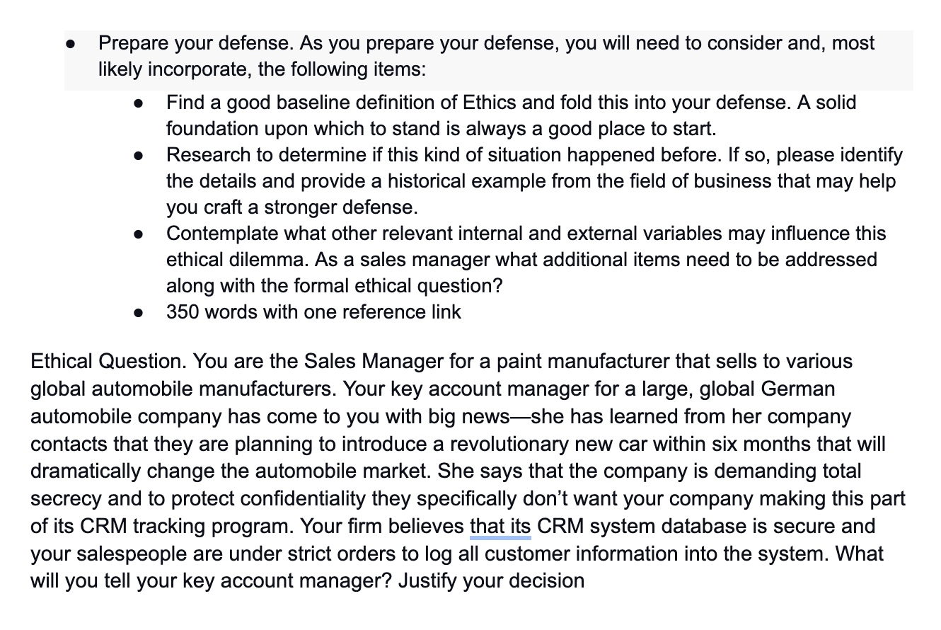 Solved Ethical Question. You are the Sales Manager for a | Chegg.com