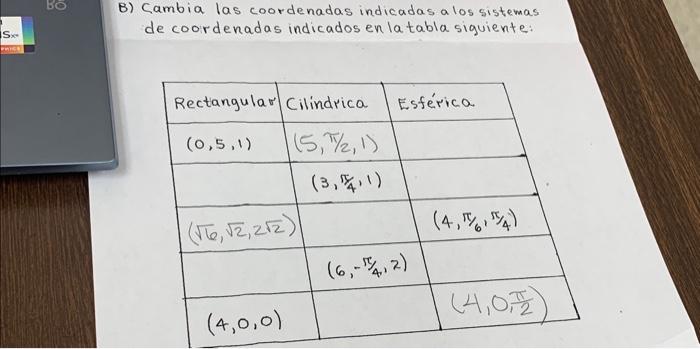 B) Cambia las coordenadas indicadas a los sistemas de coordenadas indicados en la tabla siguiente: