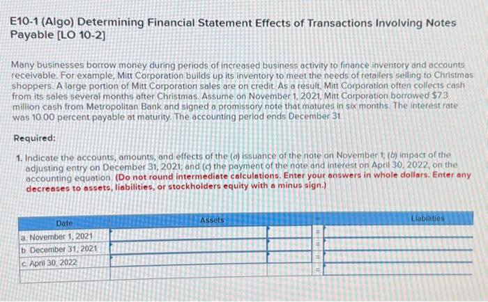 Solved E10-1 (Algo) Determining Financial Statement Effects | Chegg.com