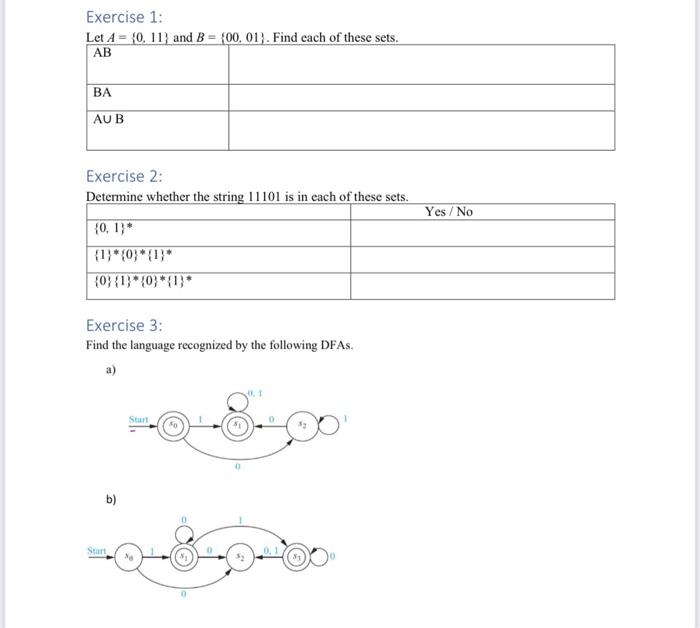 Solved Exercise 1: Let A = {0, 11) And B = {00,01). Find | Chegg.com