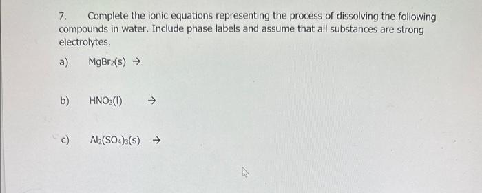 7. Complete the ionic equations representing the process of dissolving the following compounds in water. Include phase labels