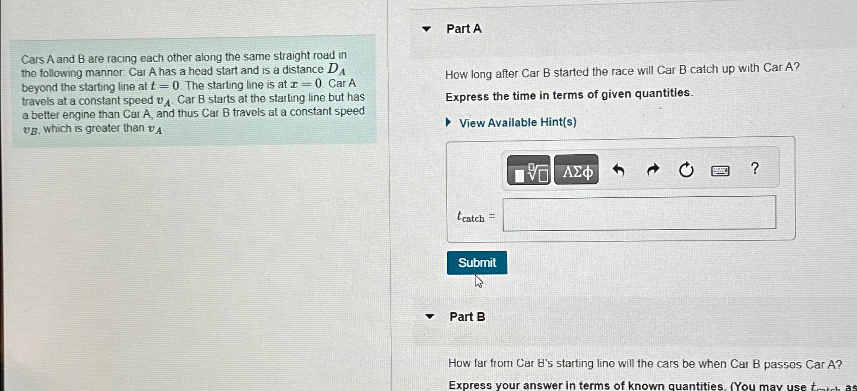 Solved Part ACars A And B ﻿are Racing Each Other Along The | Chegg.com