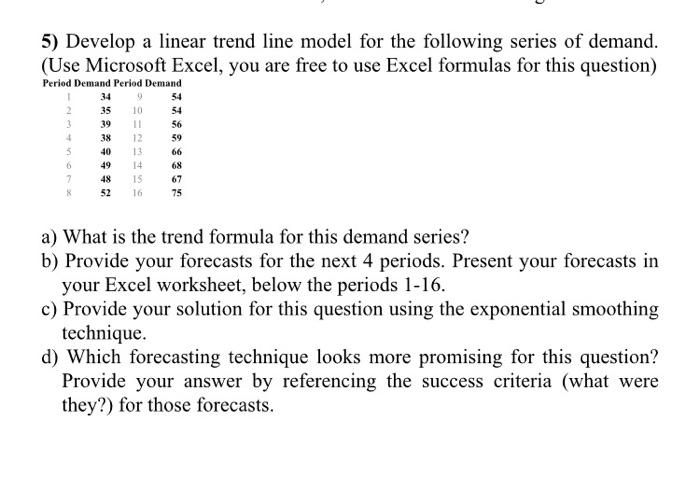 Solved 5) Develop a linear trend line model for the | Chegg.com