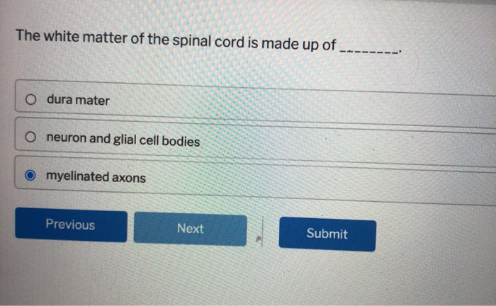 Solved The white matter of the spinal cord is made up of O | Chegg.com