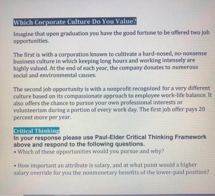 Solved Which Corporate Culture Do You Value? Imagine that